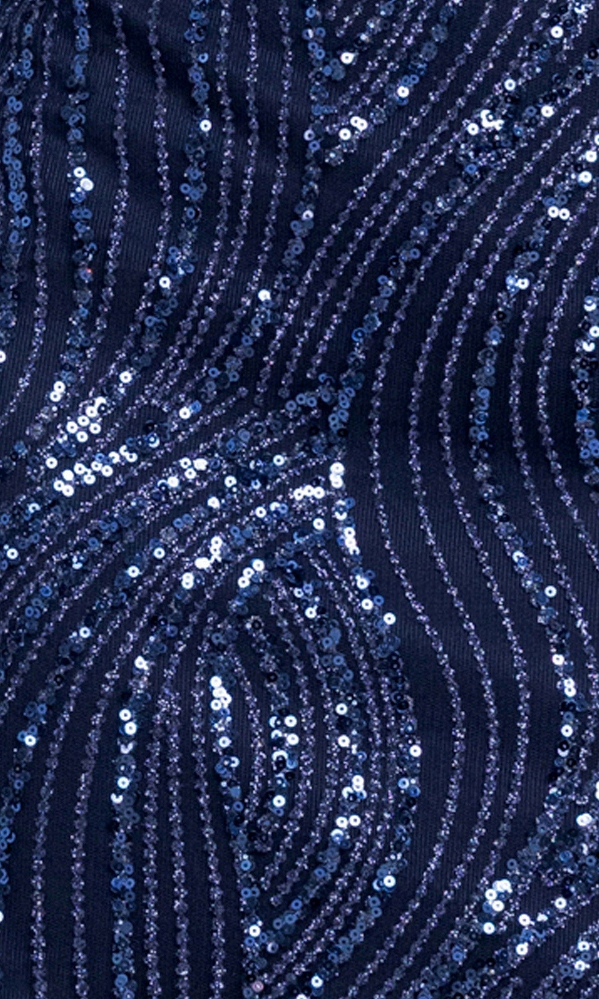 Close-up of the Navy Beaded Mini Hoco Dress: Blondie Nites 6278BN fabric, showcasing shiny sequins in wavy, swirling patterns.